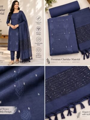 Elegant Navy Blue Semi Tussar Unstitched Salwar Suit Material Set