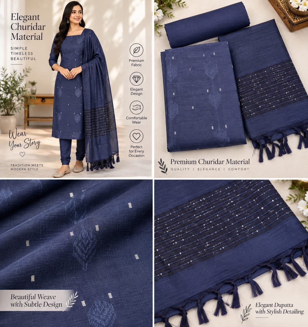 Elegant Navy Blue Semi Tussar Unstitched Salwar Suit Material Set