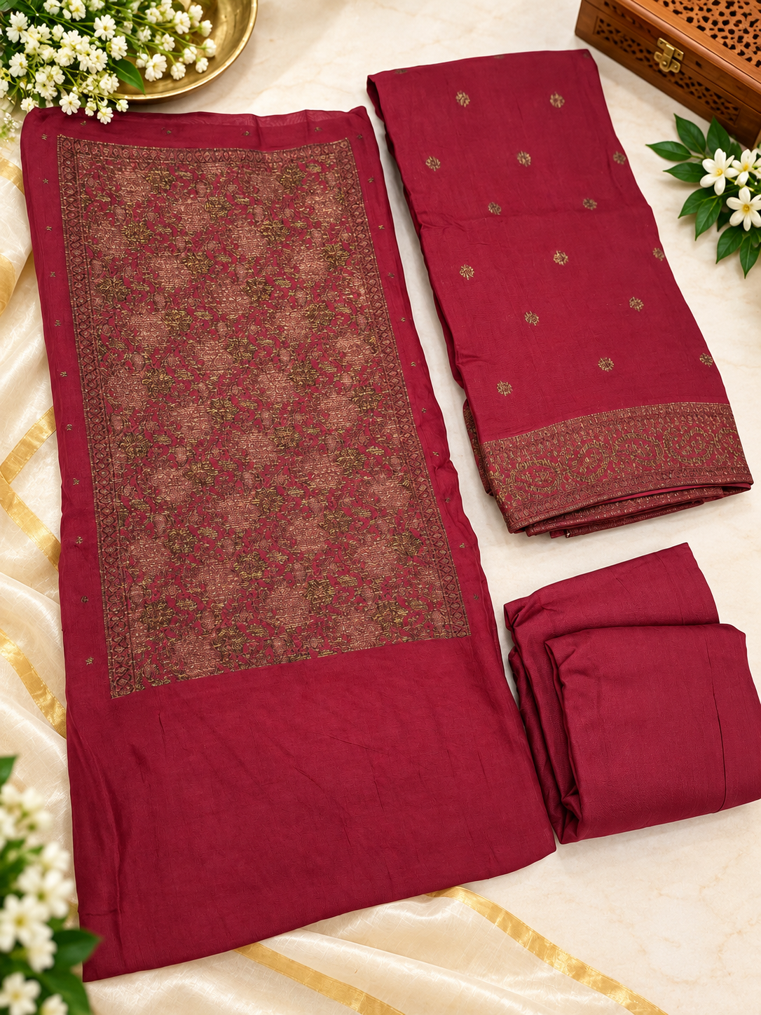 Premium Maroon Banarasi Unstitched Salwar Suit Set - Image 2