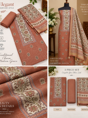 Elegant Terracotta Rust Floral Printed Unstitched Chanderi Fabric