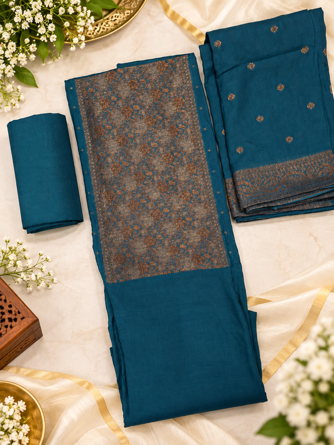Premium Teal Blue Banarasi Unstitched Salwar Suit Set - Image 2