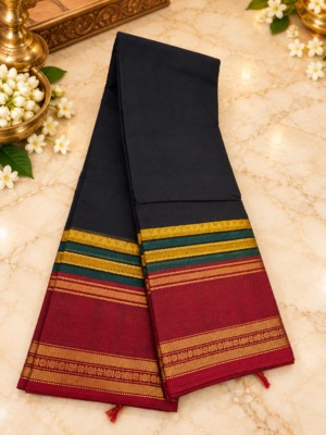 Premium Traditional Black Kanchi Cotton Saree with Maroon Border