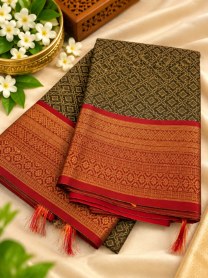 Premium Traditional Dark Mehndi Green Semi Silk Brocade Saree with Rich Red Border