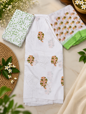 Premium White and Green Cotton Unstitched Salwar Suit Set