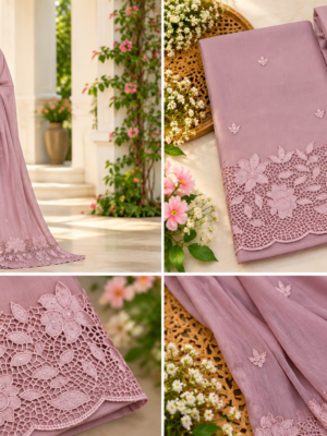 Premium Onion Pink Chiffon Unstitched Salwar Suit Set with Cutwork Dupatta