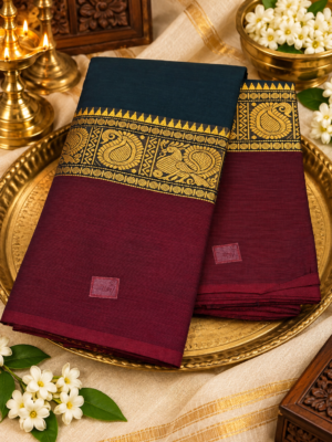 Premium Traditional Maroon and Dark Bottle Green Kanchi Cotton Saree