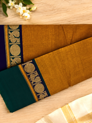 Premium Traditional Antique Gold Kanchi Cotton Saree with Peacock Border