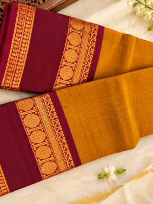 Premium Traditional Mustard Yellow and Maroon Kanchi Cotton Saree