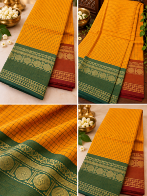Premium Traditional Mustard Yellow Kanchi Cotton Saree with Micro Checks