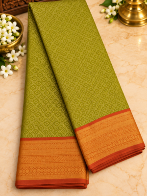 Premium Traditional Olive Green Semi Silk Brocade Saree with Copper Orange Border